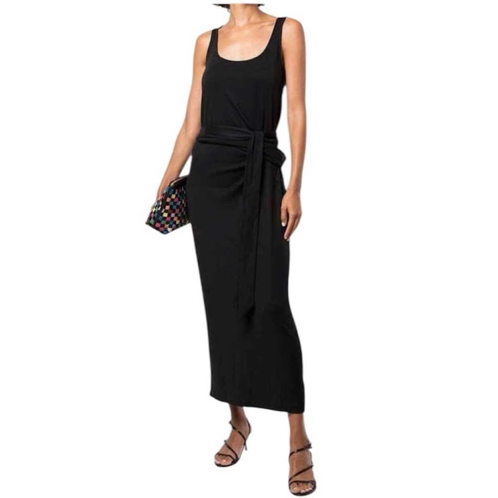 NEW VINCE Black Pima Cotton Stretch Midi Tie Dress Size Medium - Picture 1 of 6
